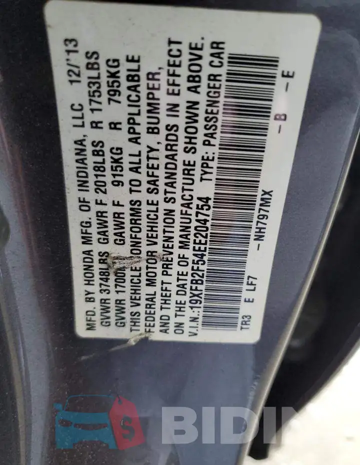 19XFB2F54EE204754 Photo# 12