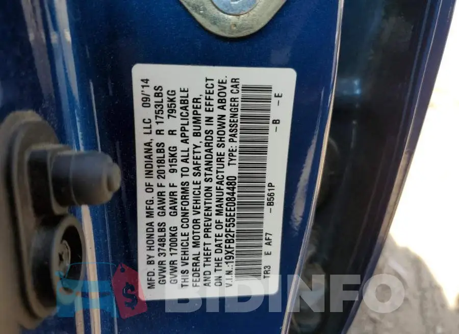 19XFB2F55EE084480 Photo# 12