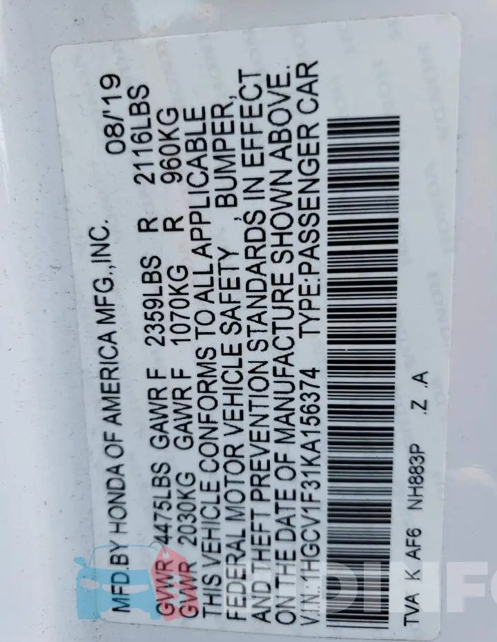1HGCV1F31KA156374 Photo# 12