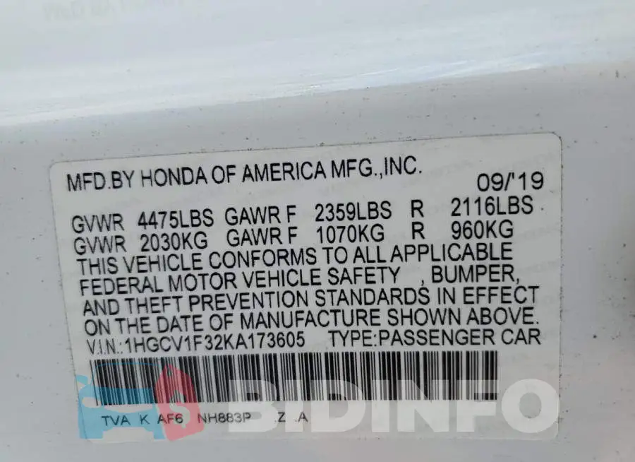 1HGCV1F32KA173605 Photo# 12