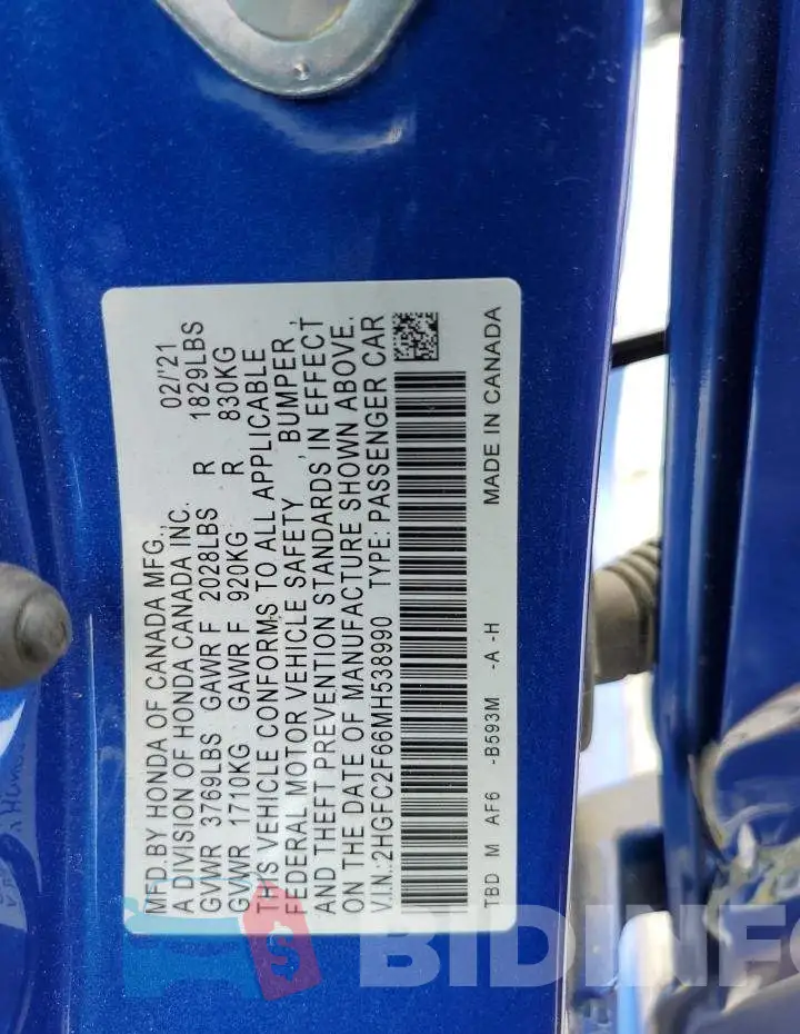 2HGFC2F66MH538990 Photo# 12
