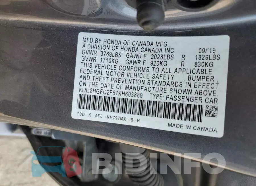 2HGFC2F67KH603889 Photo# 12