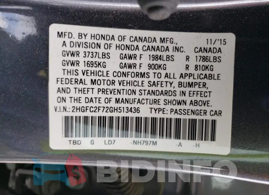 2HGFC2F72GH513436 Photo# 12
