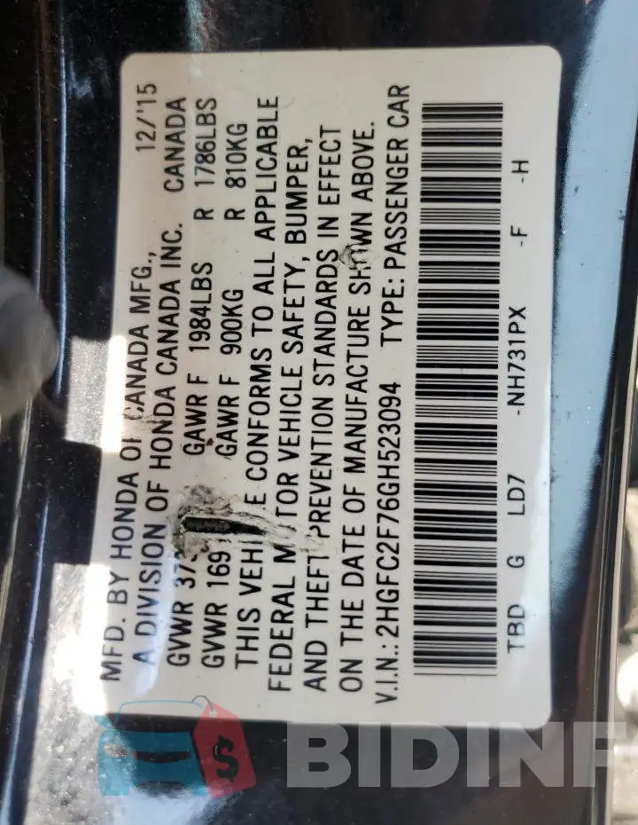 2HGFC2F76GH523094 Photo# 12