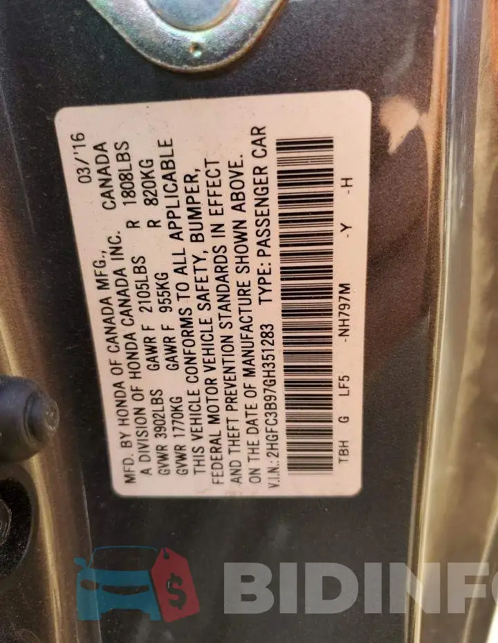 2HGFC3B97GH351283 Photo# 13