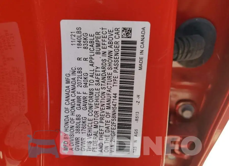 2HGFE2F58NH547144 Photo# 12