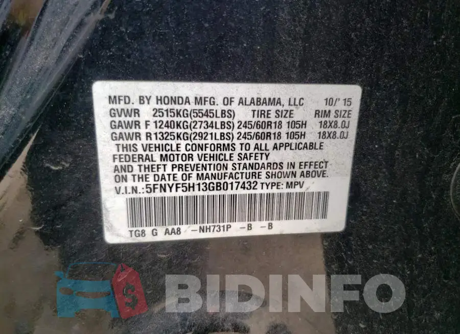 5FNYF5H13GB017432 Photo# 12