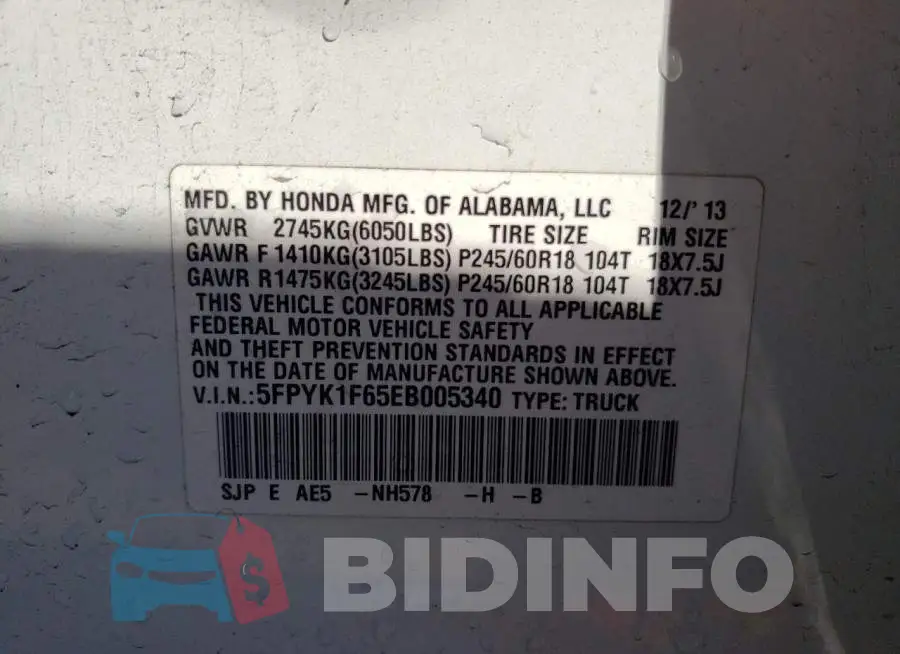5FPYK1F65EB005340 Photo# 12