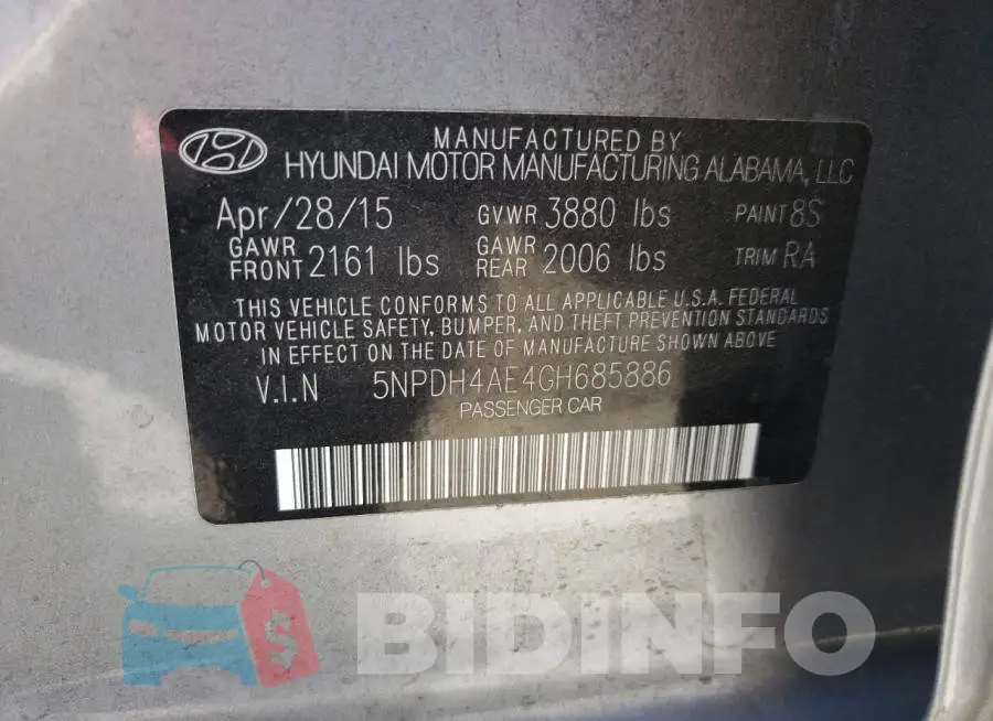 5NPDH4AE4GH685886 Photo# 12