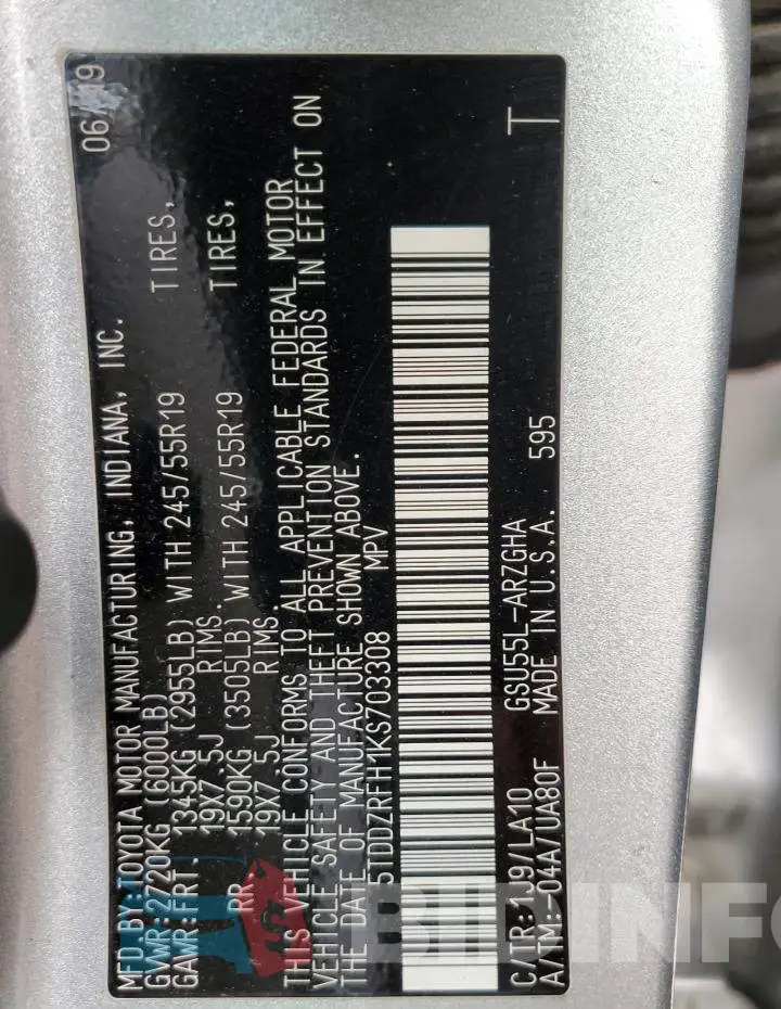 5TDDZRFH1KS703308 Photo# 14