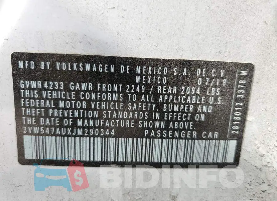 3VW547AUXJM290344 Photo# 12