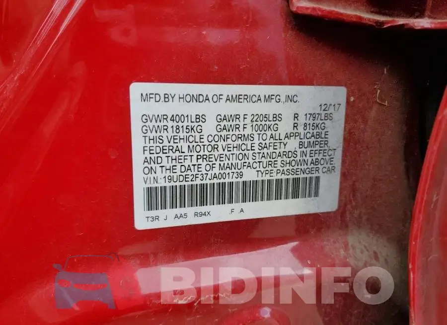 19UDE2F37JA001739 Photo# 12