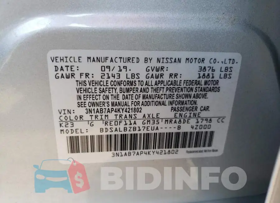 3N1AB7AP4KY421802 Photo# 12