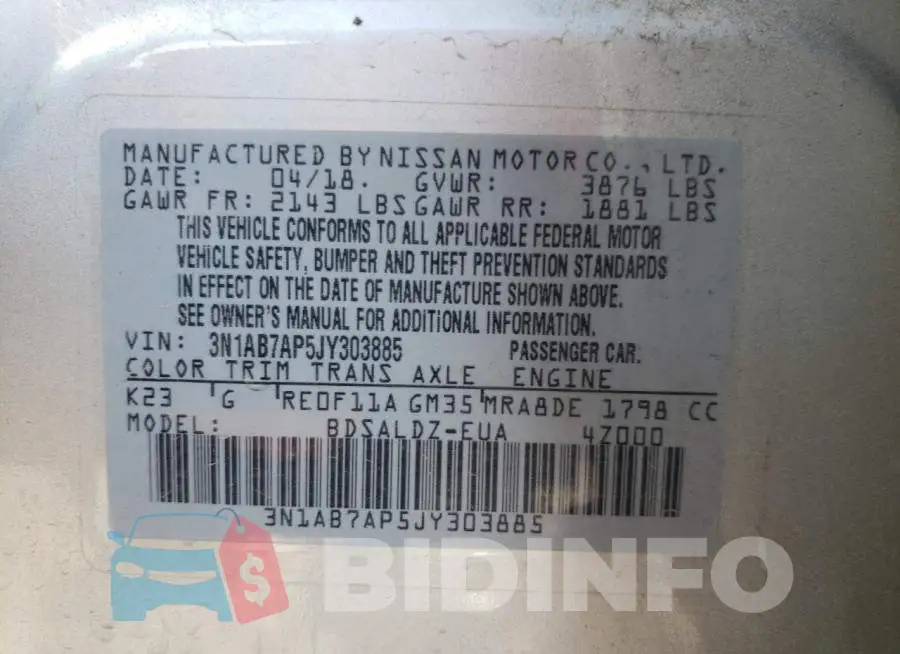 3N1AB7AP5JY303885 Photo# 12