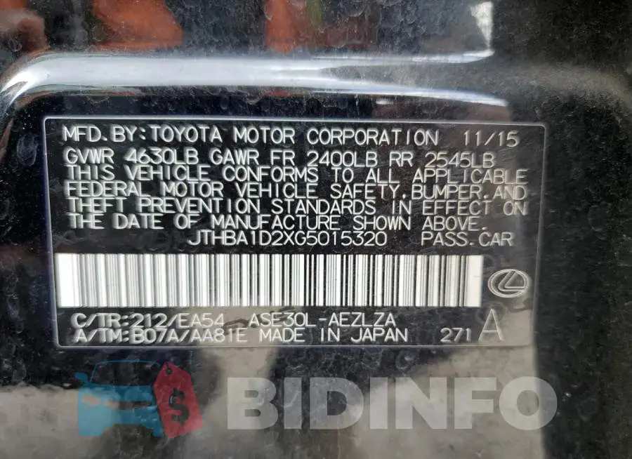 JTHBA1D2XG5015320 Photo# 12