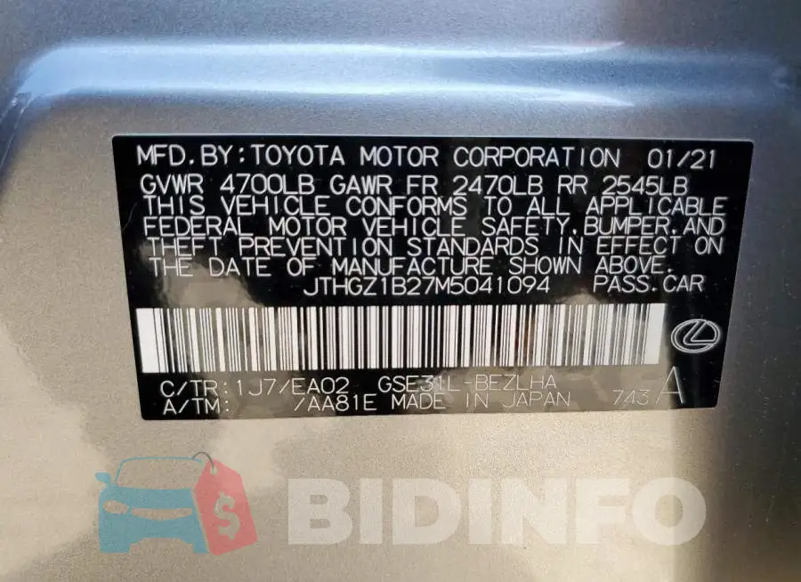 JTHGZ1B27M5041094 Photo# 13