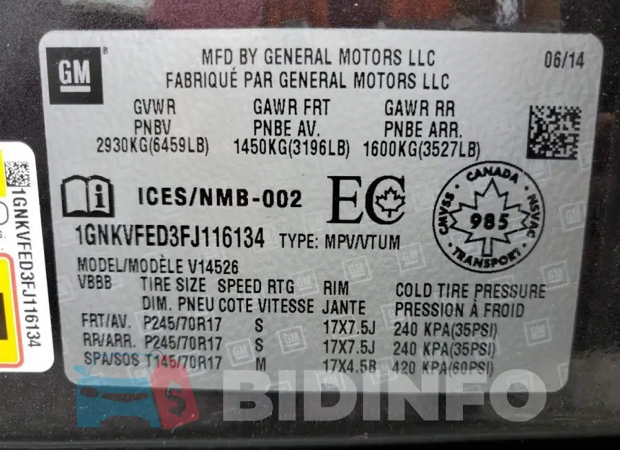 1GNKVFED3FJ116134 Photo# 13
