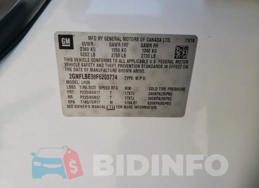 2GNFLBE38F6203774 Photo# 12