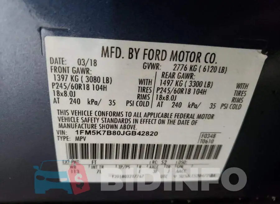 1FM5K7B80JGB42820 Photo# 13