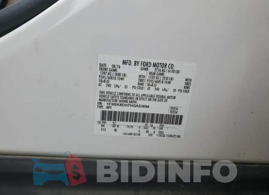 1FM5K8DH7HGA53694 Photo# 14
