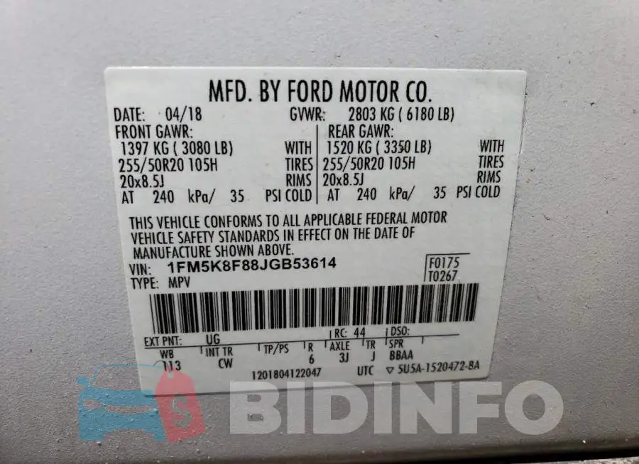 1FM5K8F88JGB53614 Photo# 13