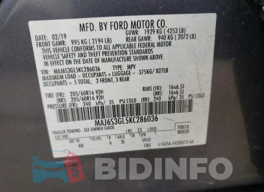 MAJ6S3GL5KC286036 Photo# 13