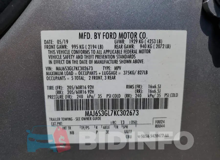 MAJ6S3GL7KC302673 Photo# 13