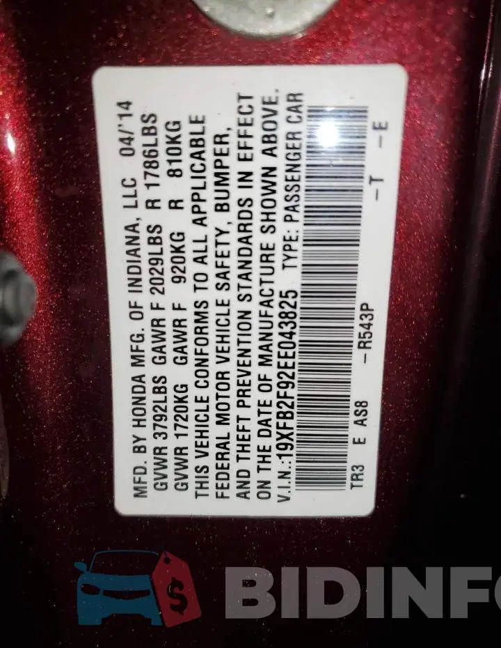 19XFB2F92EE043825 Photo# 13
