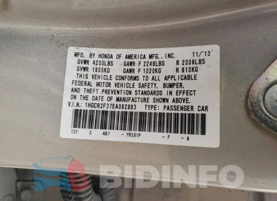 1HGCR2F37EA082893 Photo# 13