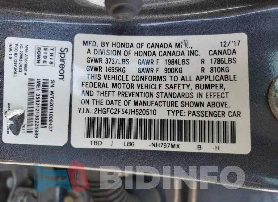 2HGFC2F54JH520510 Photo# 12
