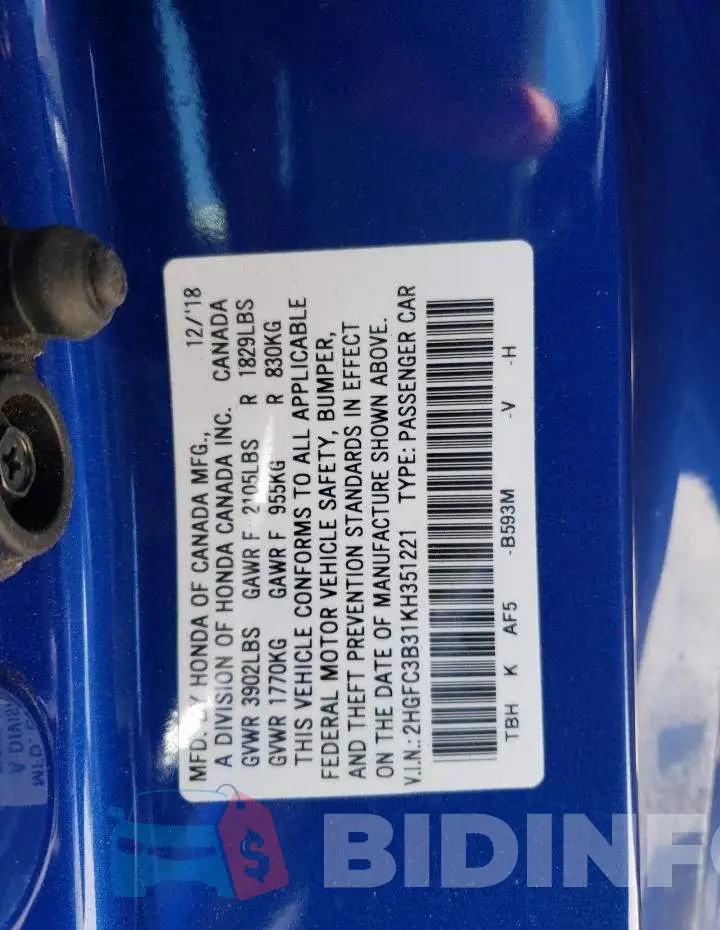 2HGFC3B31KH351221 Photo# 13