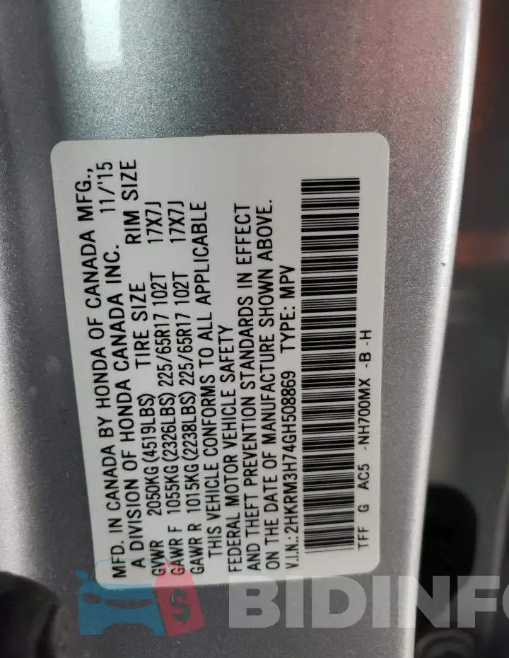 2HKRM3H74GH508869 Photo# 12