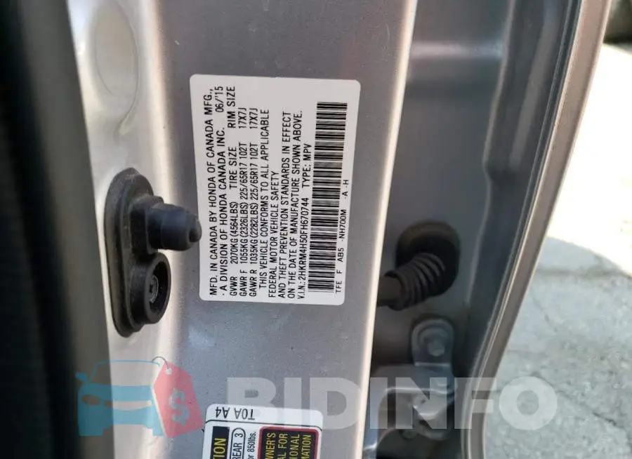 2HKRM4H50FH670744 Photo# 13
