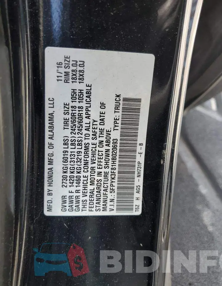 5FPYK3F81HB020693 Photo# 13