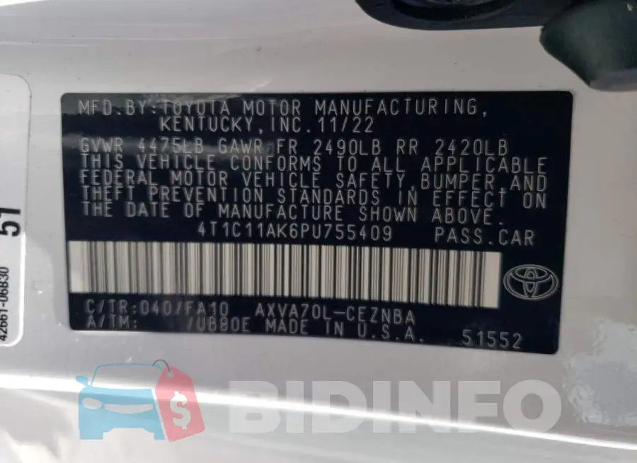 4T1C11AK6PU755409 Photo# 12