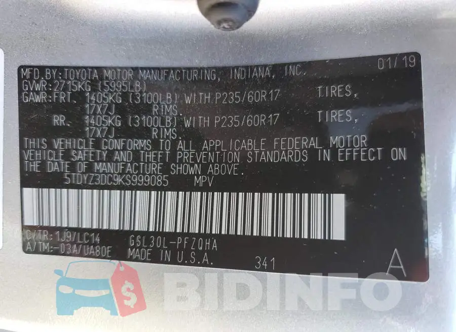5TDYZ3DC9KS999085 Photo# 13
