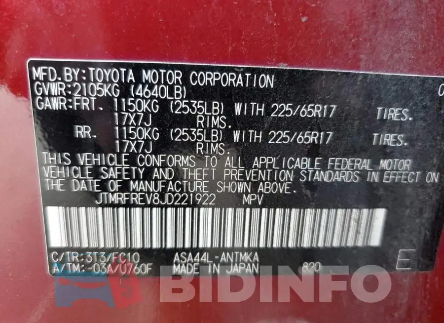 JTMRFREV8JD221922 Photo# 13