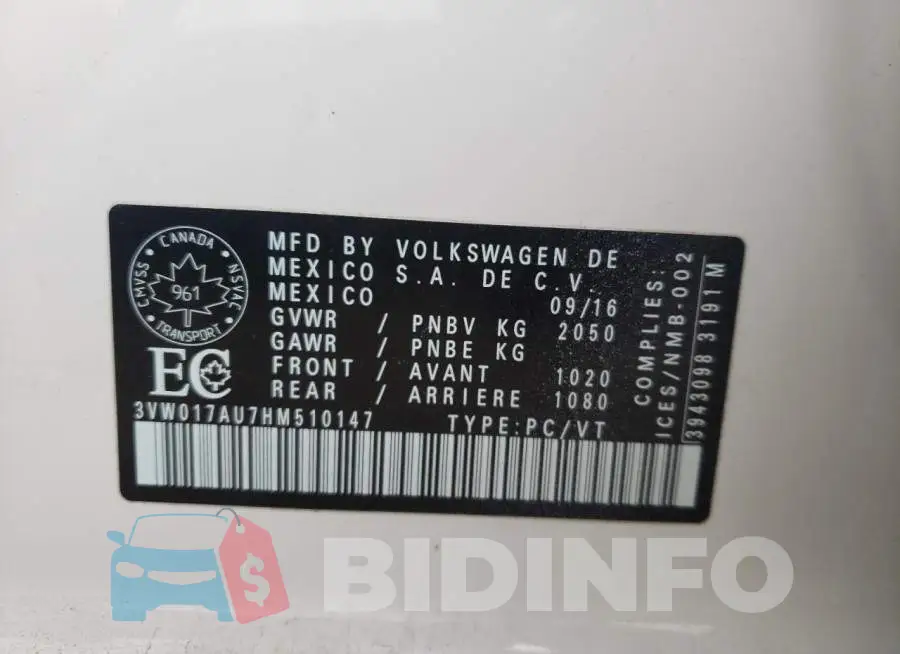 3VW017AU7HM510147 Photo# 12