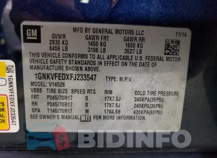 1GNKVFEDXFJ233547 Photo# 13