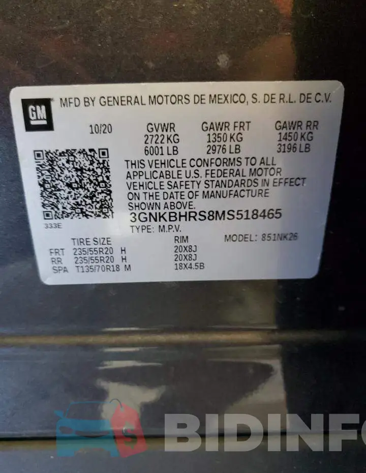 3GNKBHRS8MS518465 Photo# 12