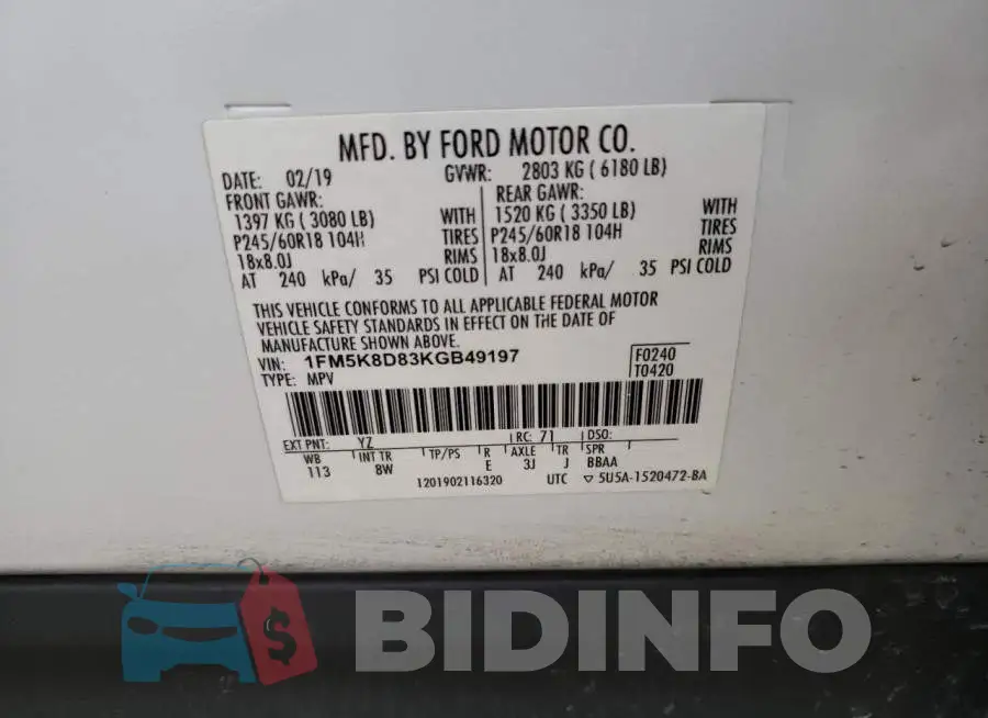 1FM5K8D83KGB49197 Photo# 13