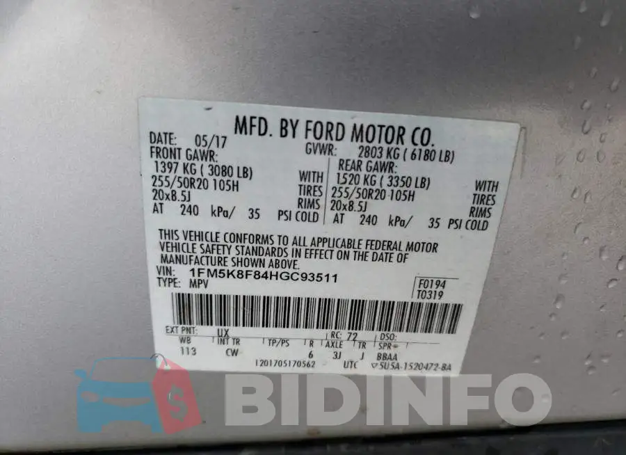 1FM5K8F84HGC93511 Photo# 13