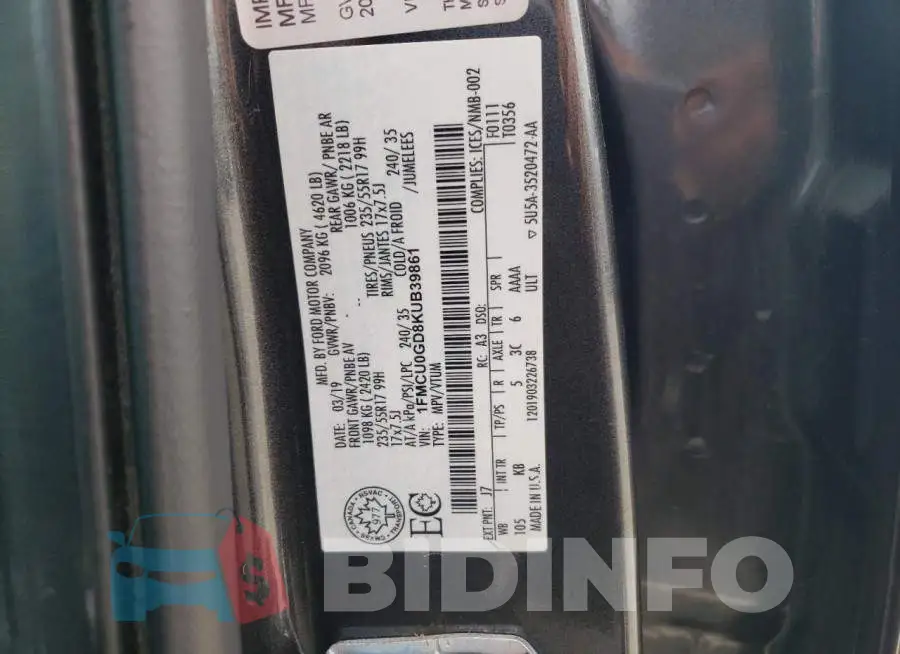 1FMCU0GD8KUB39861 Photo# 13