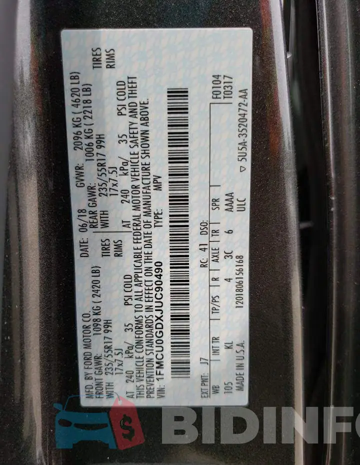 1FMCU0GDXJUC90490 Photo# 13