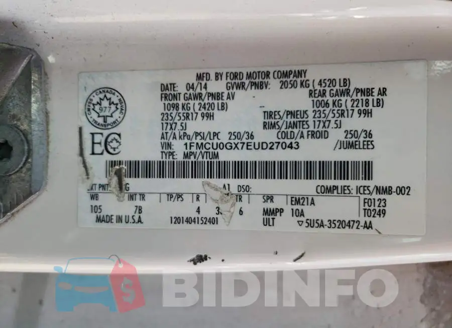 1FMCU0GX7EUD27043 Photo# 13