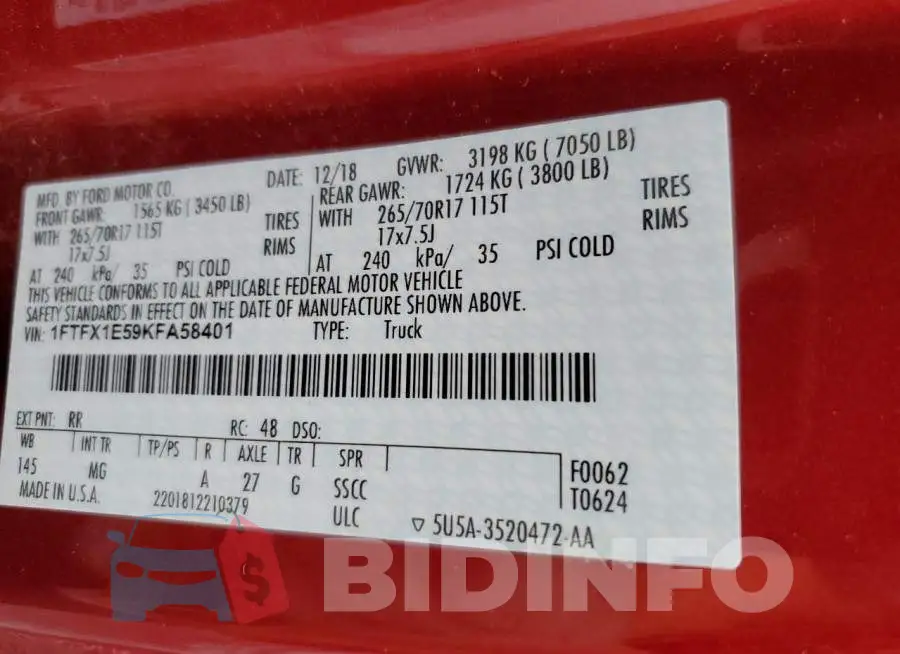 1FTFX1E59KFA58401 Photo# 12