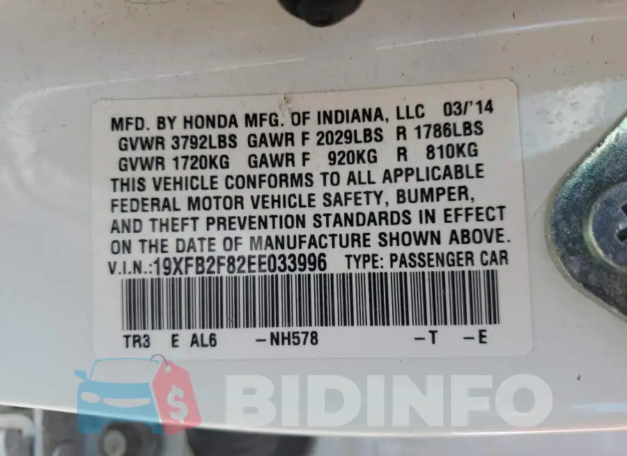 19XFB2F82EE033996 Photo# 13