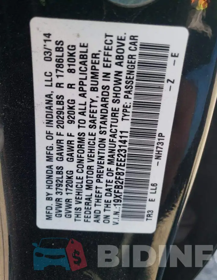 19XFB2F87EE231411 Photo# 13