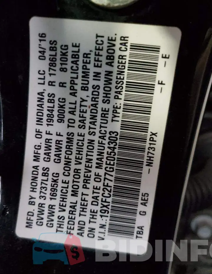 19XFC2F77GE054303 Photo# 12