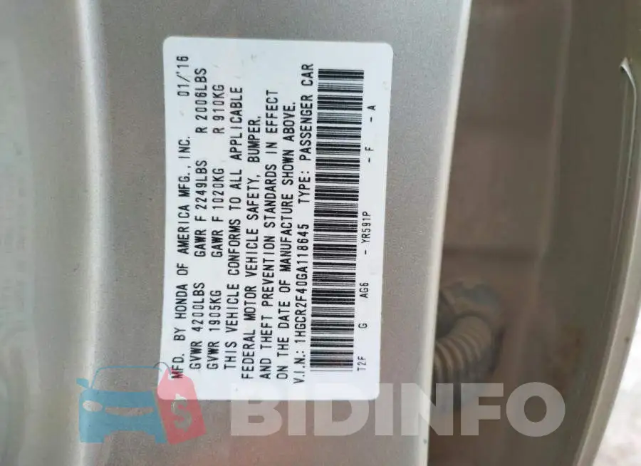 1HGCR2F40GA118645 Photo# 13